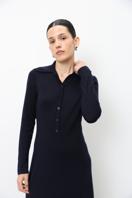 Navy 100% Merino Wool Dress With Collar