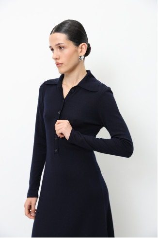 Navy 100% Merino Wool Dress With Collar