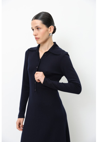 Довга сукня зі 100% вовни мериноса з коміром темно-синя