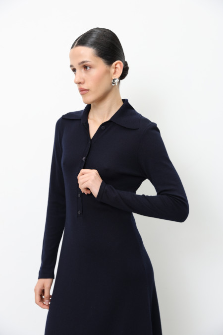 Navy 100% Merino Wool Dress With Collar