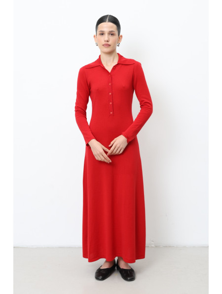 Red 100% Merino Wool Dress With Collar