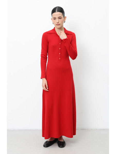 Red 100% Merino Wool Dress With Collar