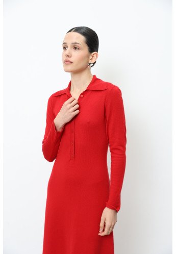 Довга сукня зі 100% вовни мериноса з коміром червона