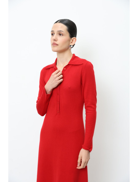 Red 100% Merino Wool Dress With Collar