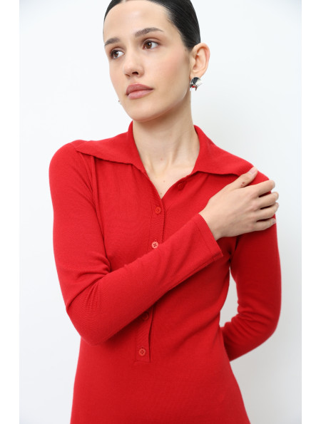 Red 100% Merino Wool Dress With Collar