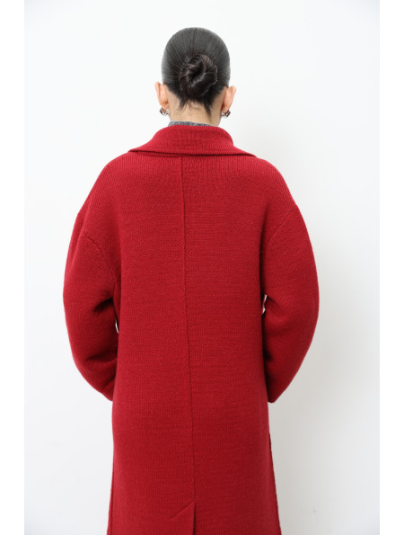 Long Red Knitted Double-Breasted Coat 