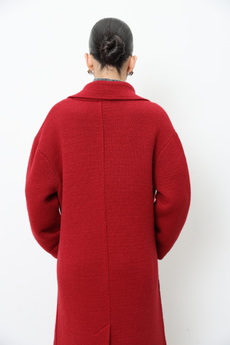 Long Red Knitted Double-Breasted Coat 