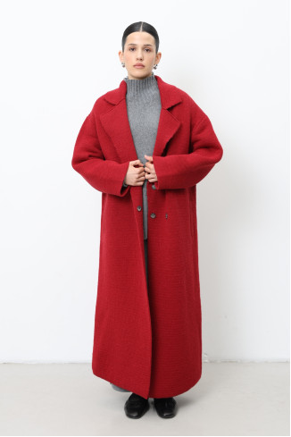 Long Red Knitted Double-Breasted Coat 