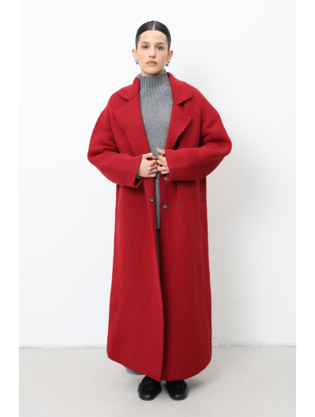 Long Red Knitted Double-Breasted Coat 