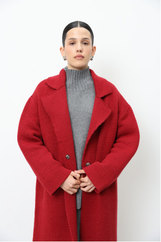 Long Red Knitted Double-Breasted Coat 