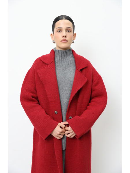 Long Red Knitted Double-Breasted Coat 