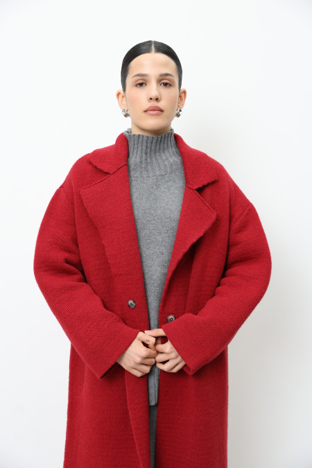 Long Red Knitted Double-Breasted Coat 