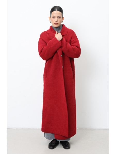 Long Red Knitted Double-Breasted Coat 