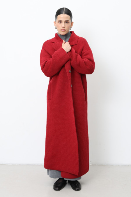 Long Red Knitted Double-Breasted Coat 