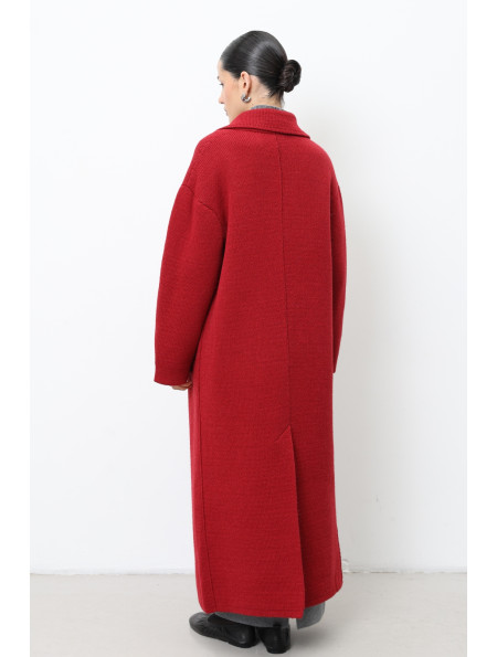 Long Red Knitted Double-Breasted Coat 