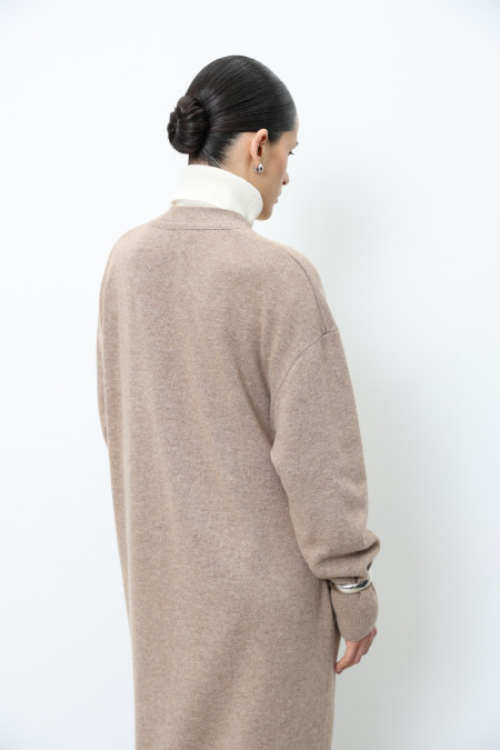 Длинный кардиган из шерсти ягнят темно-бежевый