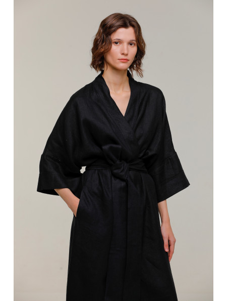 Платье-кимоно из льна черное