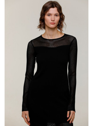 Black Openwork Long-Sleeved Dress