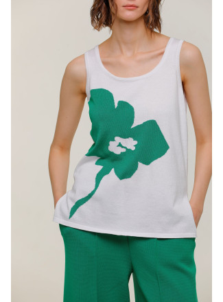 White With Green Long Loose Top With Flower