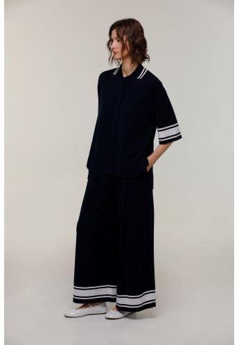 Lightweight Wide Navy Pleated Trousers With White Stripes