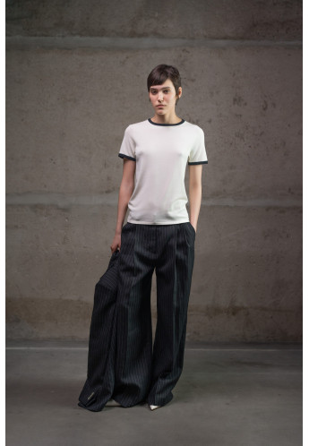 Лляні брюки-палаццо з подвійними защипами чорні смугасті