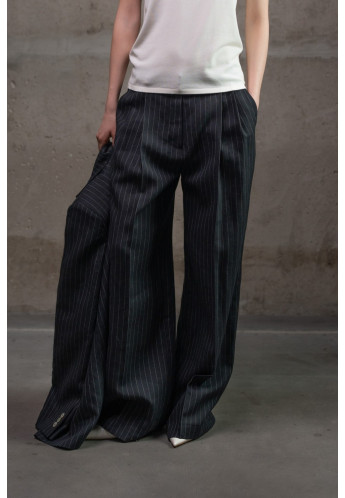 Лляні брюки-палаццо з подвійними защипами чорні смугасті