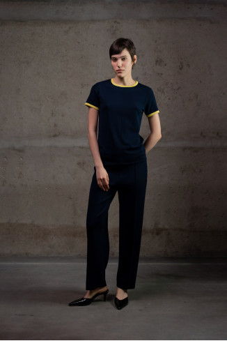 Navy Straight-Leg Viscose Knit Trousers