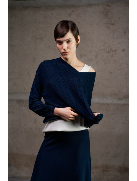 Navy Viscose V-Neck Jumper