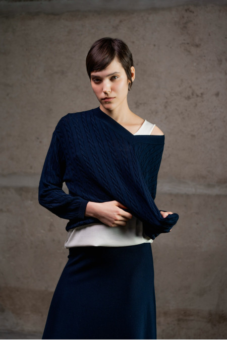 Navy Viscose V-Neck Jumper