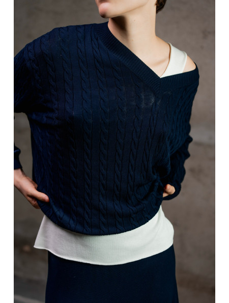 Navy Viscose V-Neck Jumper