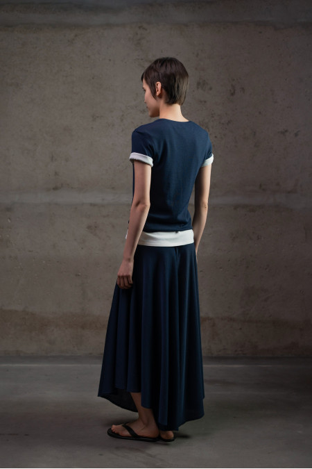 Navy Viscose Short-Sleeved U-Neck Jumper