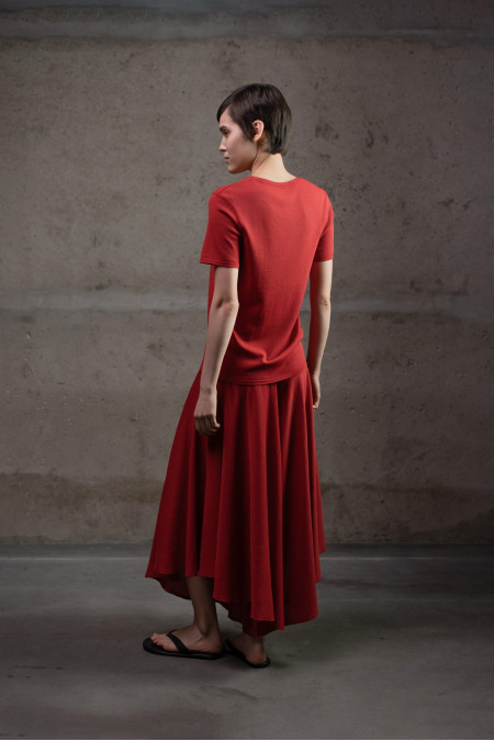 Dark Red Viscose Short-Sleeved U-Neck Jumper