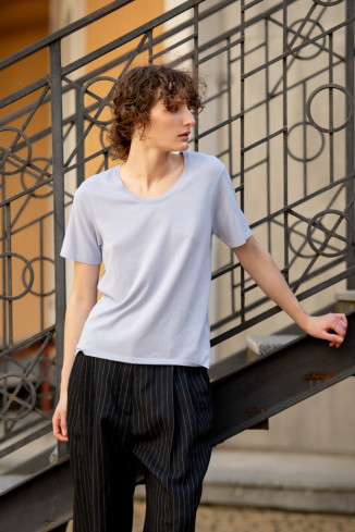 Blue Viscose Short-Sleeved U-Neck Jumper