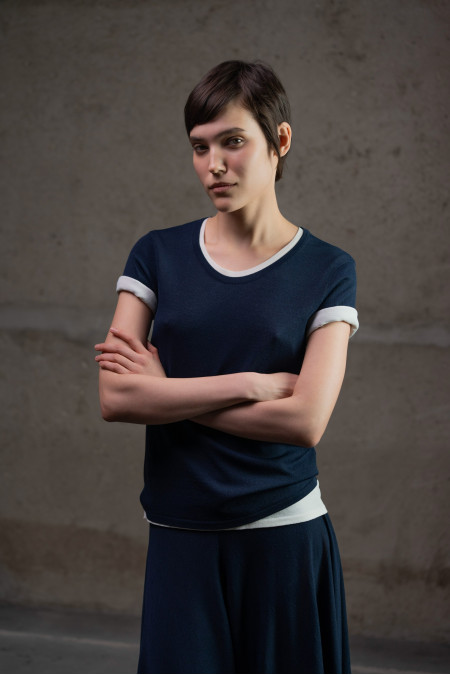 Navy Viscose Short-Sleeved U-Neck Jumper