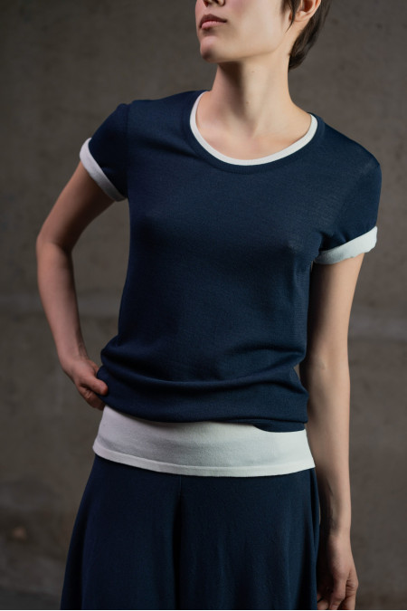 Navy Viscose Short-Sleeved U-Neck Jumper