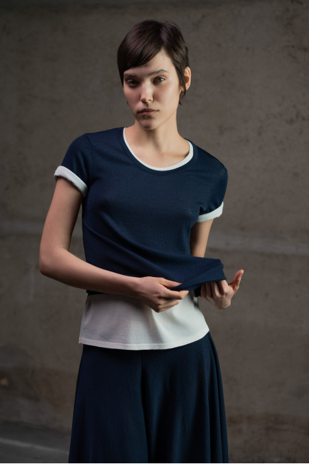 Navy Viscose Short-Sleeved U-Neck Jumper