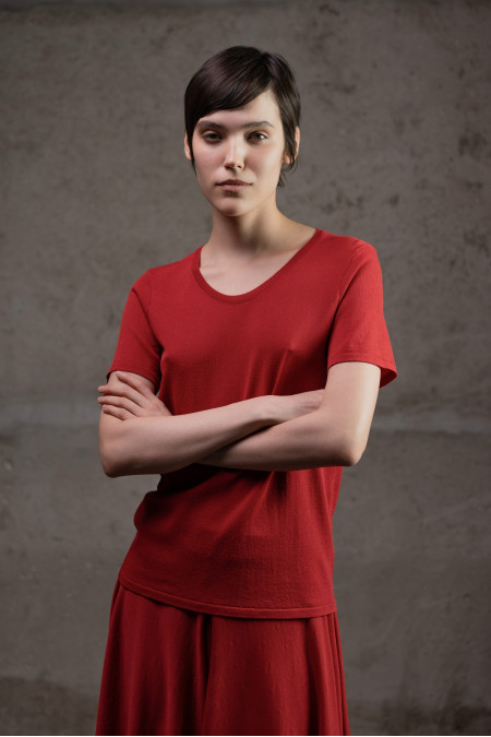 Dark Red Viscose Short-Sleeved U-Neck Jumper