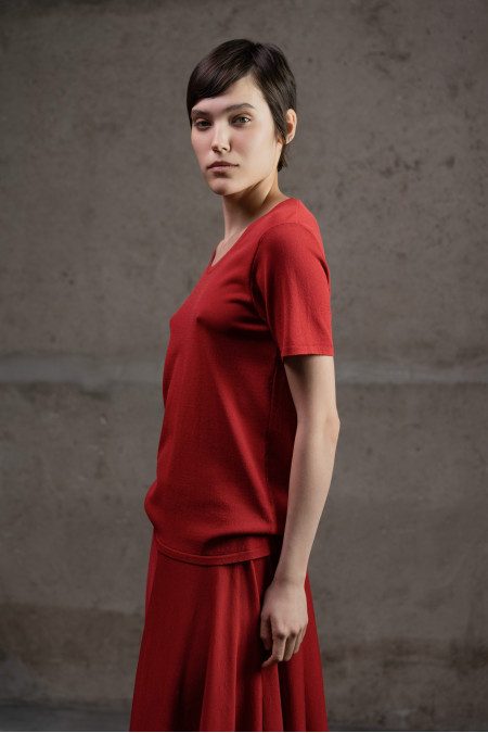 Dark Red Viscose Short-Sleeved U-Neck Jumper