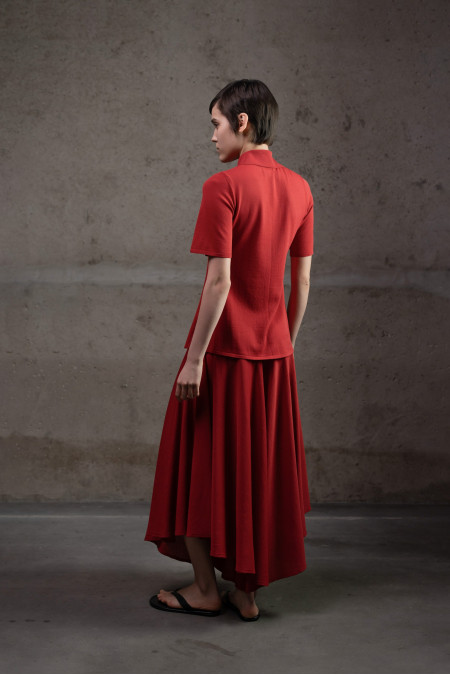 Dark Red Viscose Semi-Fitted Knit Shirt with Short Sleeves
