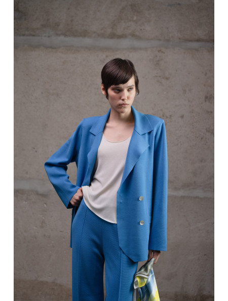 Двубортный трикотажный пиджак из вискозы темно-голубой