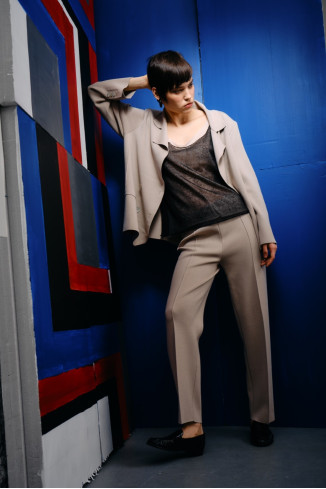 Beige Straight-Leg Viscose Knit Trousers