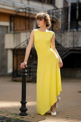 Lemon Pleated-Effect Knit Dress with Asymmetrical Hem