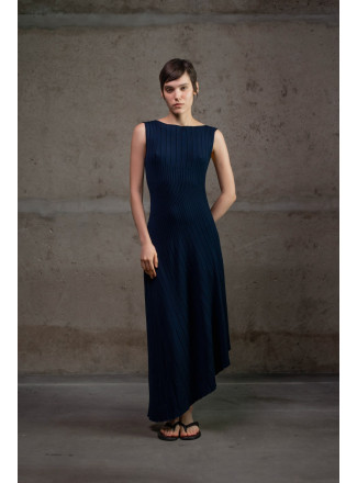 Navy Pleated-Effect Knit Dress with Asymmetrical Hem