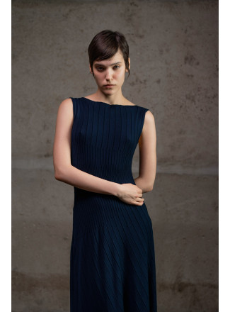 Navy Pleated-Effect Knit Dress with Asymmetrical Hem