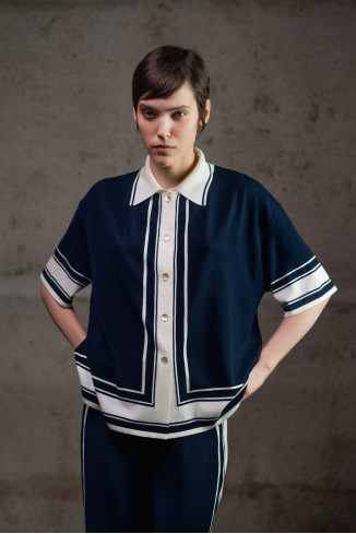 Navy Knit Shirt with Contrasting Graphic Trim