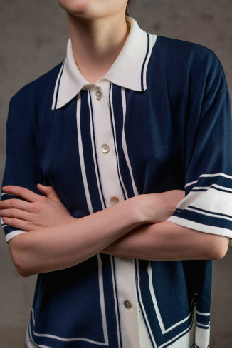 Navy Knit Shirt with Contrasting Graphic Trim