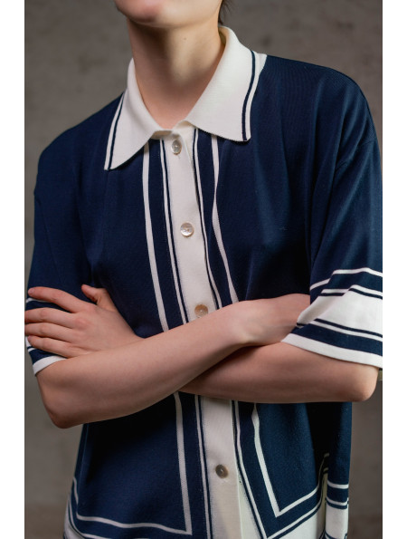 Navy Knit Shirt with Contrasting Graphic Trim