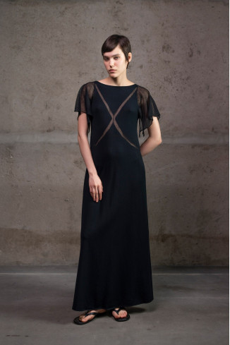 Black Viscose Knit Dress With Semi-Sheer Sleeves