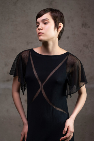 Black Viscose Knit Dress With Semi-Sheer Sleeves