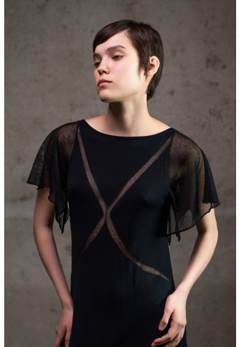 Трикотажна сукня з напівпрозорими рукавами чорна